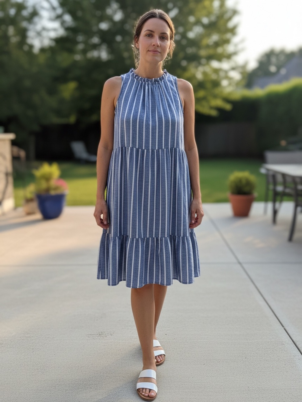 beachlunchlounge Blue & White Vertical Stripe Tiered Sundress Linen blend.